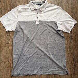 TravisMathew Men's Polo Shirt, Grey and White Colorblock, Size Large
